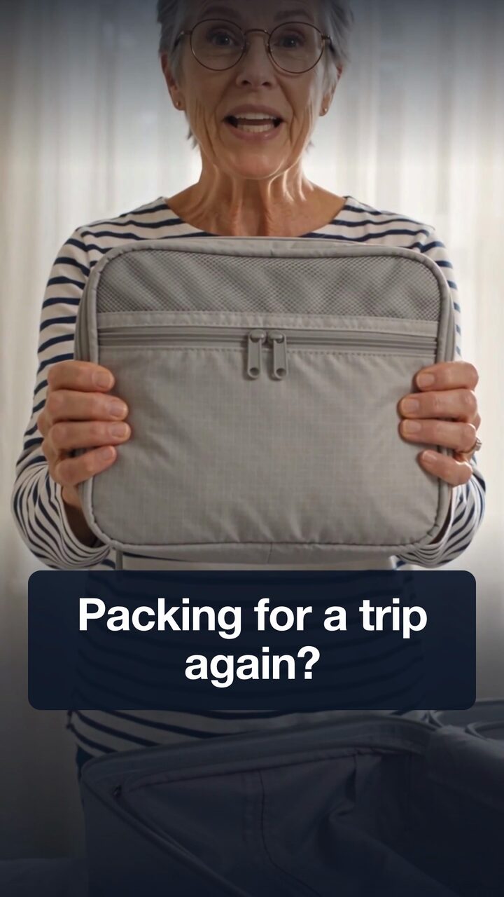 Video cover: an AI-generated presenter holds up a travel storage pouch, with the caption “Packing for a trip again?”